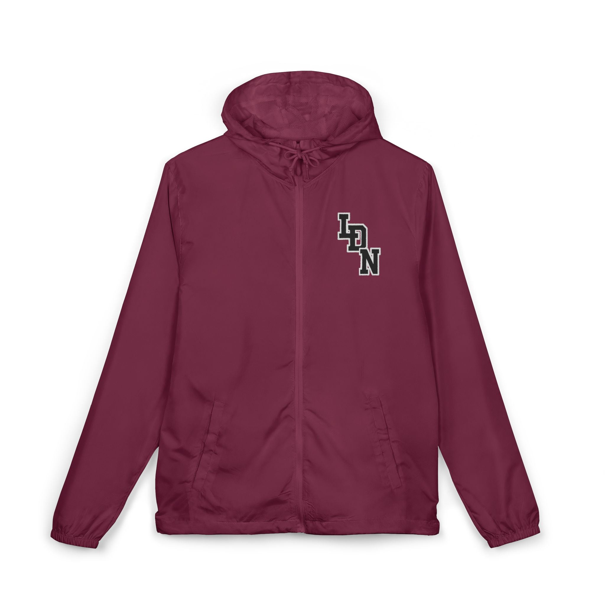 Maroon jacket with a logo on the chest against a white background